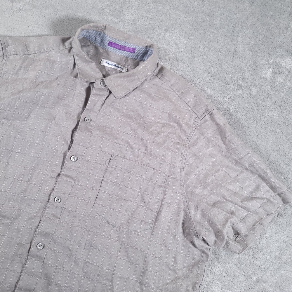 Tommy Bahama Shirt Men XL Gray Linen Short Sleeve Button Down Grid Casual *Flaw